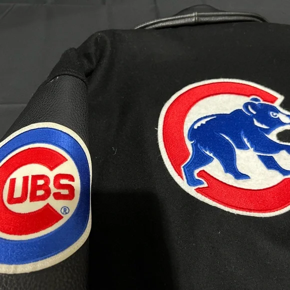 Mens Leather Jacket with Chicago Cubs logos